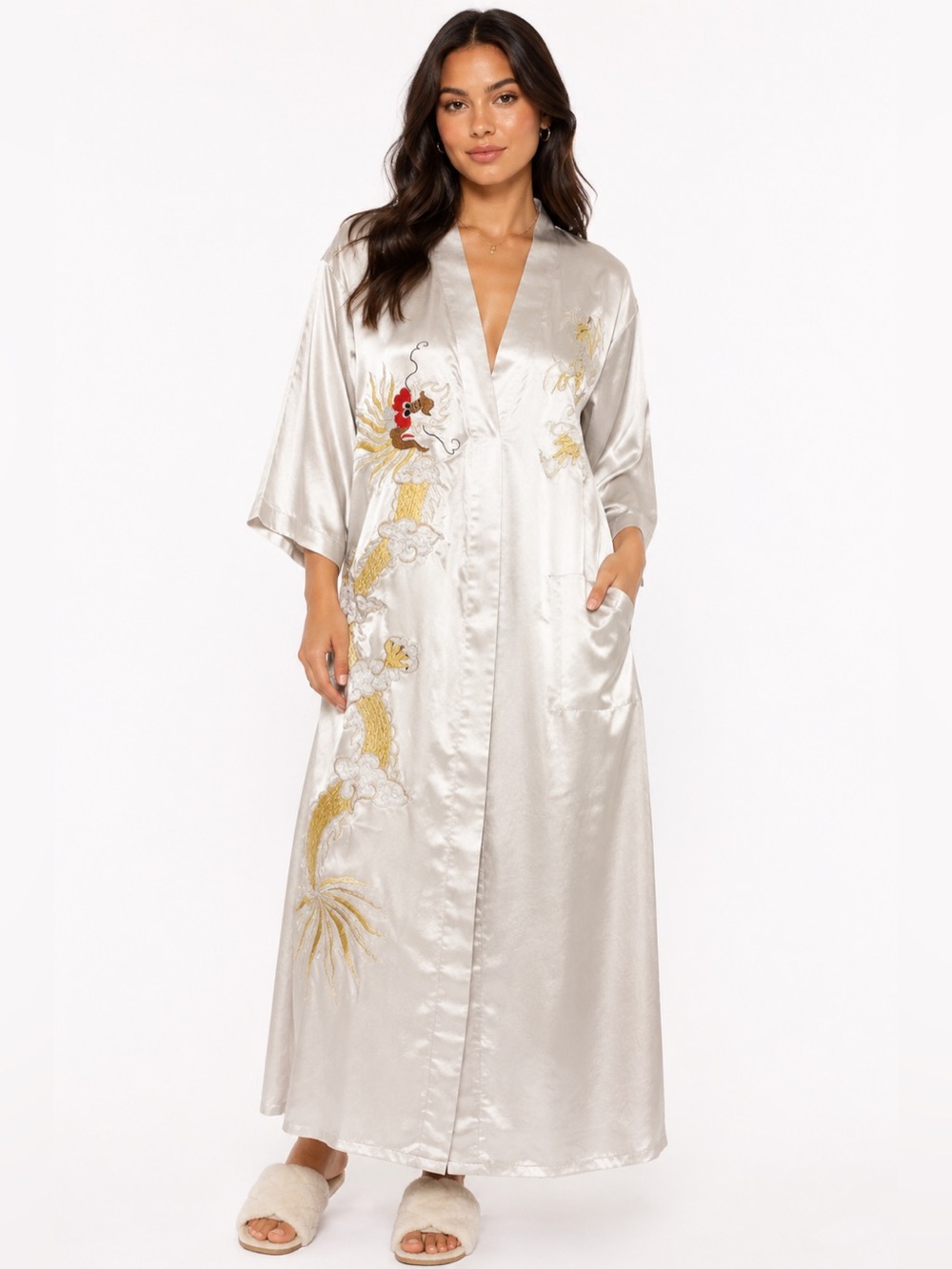 90s European Chinese Vintage Dragon Embroidered Satin Maxi Robe Kimono Ivory O/S